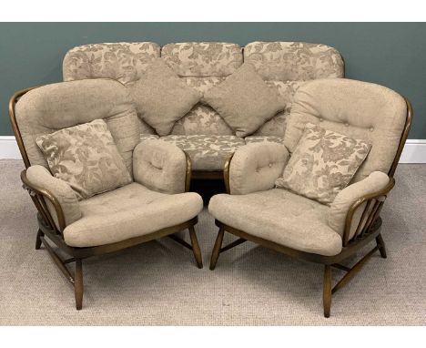 VINTAGE ERCOL LOUNGE SUITE comprising stickback sofa, 82 (h) x 195 (w) x 96cms (d) and a pair of armchairs, 83 (h) x 83 (w) x