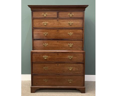 GEORGIAN MAHOGANY CHEST ON CHEST, two small over six long drawers with brass drop handles and on bracket feet, 189 (h) x 126 