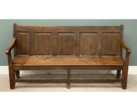 ANTIQUE BENCH having a five fielded panel back, carved date and initials "E D K, 1753", 102 (h) x 193 (w) x 53cms (d)Provenan