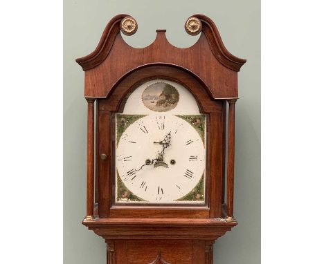 19TH CENTURY LONGCASE CLOCK with oak and mahogany trunk, painted dial with swan pediment hood, with twin weights and pendulum