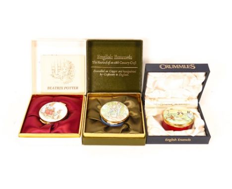 Three Beatrix Potter Crummles English Enamels to include Peter Rabbit and Family, Peter Eating Radishes and Pigling Bland and