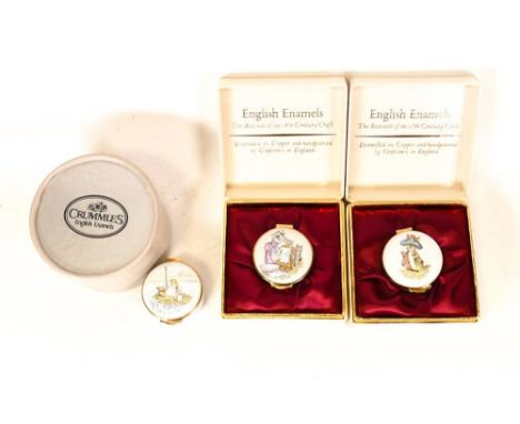 Three Beatrix Potter Crummles English Enamels to include Jeremy Fisher (round base) BP7, Benjamin Bunny BP8 and Tabatha Twitc