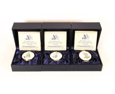 Three Beatrix Potter Crummles English Enamels to include Jemima Puddleduck BP26, Peter Rabbit BP27 and Jeremy Fisher BP28, bo