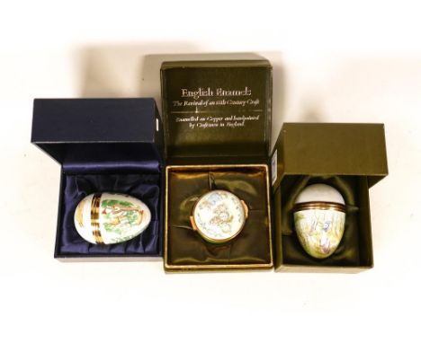 Three Beatrix Potter Crummles English Enamels to include What time is it? BP46, Peter Rabbit Egg BP47 and Jemima Puddleduck E