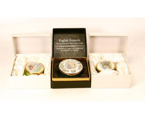 Three Beatrix Potter Crummles English Enamels to include 1994/95 Annual enamel box Squirrel Nutkin BP52, Black Rabbit BP53 an