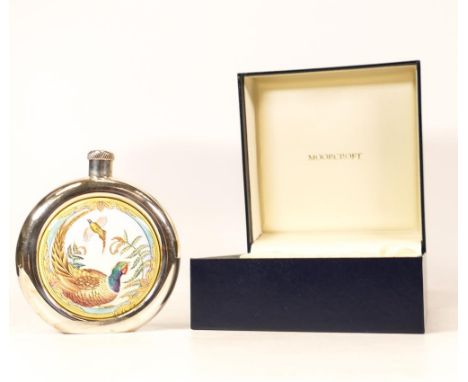 Moorcroft enamel and silver Pheasant hip flask by E Todd , Limited edition 28/50. Boxed with certificate. Height 10.5cm 