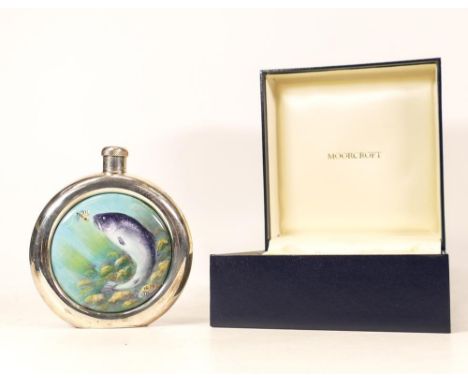 Moorcroft enamel and silver Salmon hip flask by Terry Halloran, Limited edition 10/50. Boxed with certificate. Height 10.5cm 