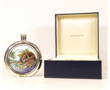 Moorcroft enamel and silver Otters hip flask  by Amanda Rose , Limited edition 3/75. Boxed with certificate. Height 10.5cm 