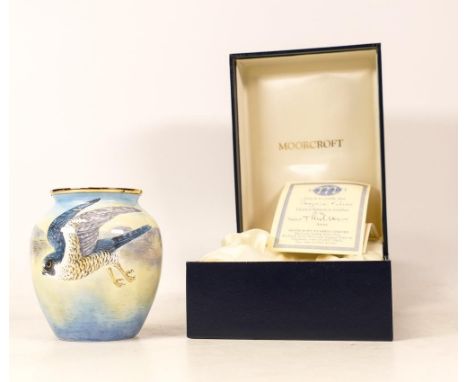 Moorcroft enamel Peregrine Falcon vase  by Terry Halloran, Limited edition 2/75. Boxed with certificate. Height 7.5cm 