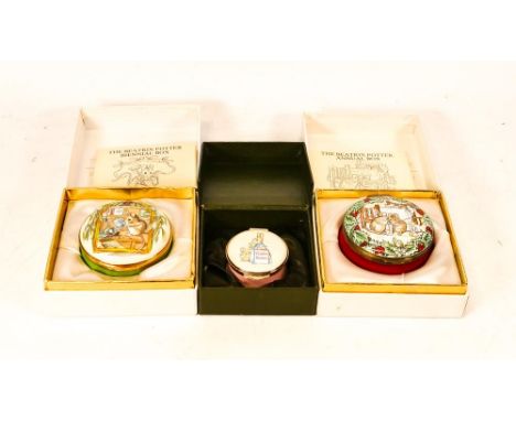 Three Beatrix Potter Crummles English Enamels to include Flopsy Bunny BP32, 1982/83 Annual Beatrix Potter box BP33 and 1984/8