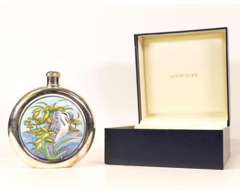 Moorcroft enamel and silver Heron hip flask by Amanda Rose , Limited9/75 edition . Boxed with certificate. Height 10.5cm 