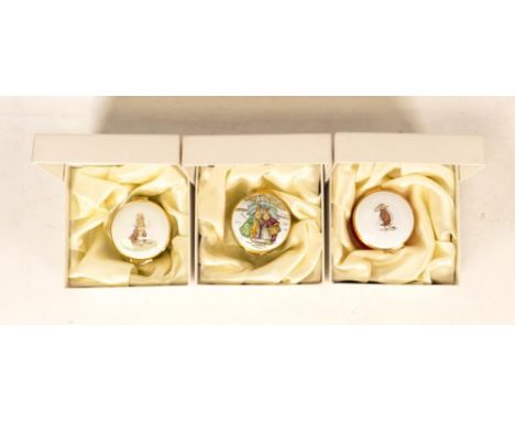Three Beatrix Potter Crummles English Enamels to include Benjamin Bunny Sitting on a Bank BP49, Happy Pair BP50 and Mr Bounce