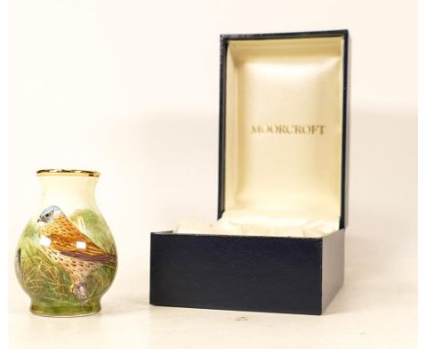 Moorcroft enamel Kestrel vase by Terry Halloran, Limited edition24/75. Boxed with certificate. Height 5.5cm. Tiny chip to bas