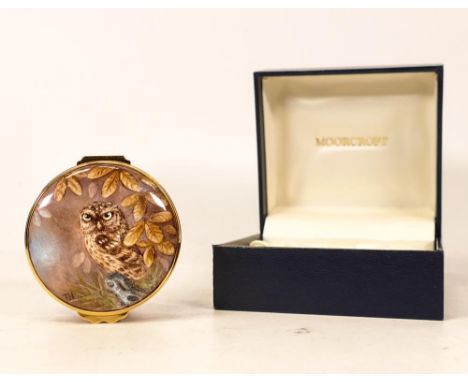 Moorcroft enamel Little Owl by Terry Halloran, Limited edition 28/50. Boxed with certificate. Diameter 5.5cm 
