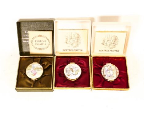 Three Beatrix Potter Crummles English Enamels to include Jemima Puddleduck BP1, Hunca Munca sweeping BP2 and Mrs. Tiggy Winkl