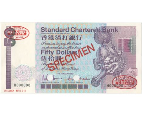 Hong Kong,Standard Chartered Bank, $50, 1 January 1992, H000000, De la Rue seals and SPECIMEN  stamped on each side, small pu