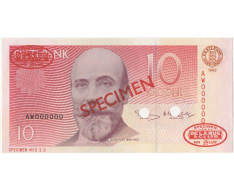 Estonia, Eesti Bank,10 Krooni, 1992, AW000000, De la Rue seals and SPECIMEN  stamped on each side, small punch-holes through 