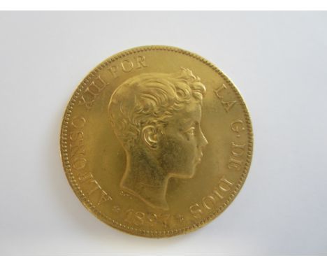 Spain,100 Pesetas, 1897, child's head right, ALFONSO XIII POR; R.Crowned arms, pillars, value below (KM#708).  Light contact 