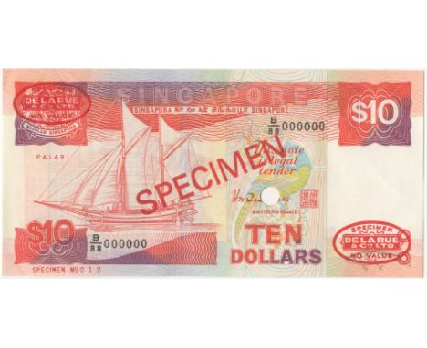 Singapore, Currency Board,$10, 1988, B/88 000000, De la Rue seals and SPECIMEN stamped on each side, punch-hole through signa