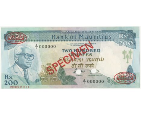 Mauritius, Bank of Mauritius,200 Rupees, c.1985, A/1 000000, De la Rue seals and SPECIMEN stamped on each side, punch-holes t