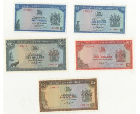Rhodesia, Reserve Bank,$1 (2), 2 August 1979, L119, 124 prefixes, $2, 10 April 1979, K/155, $5, 15 May 1979, M22,  $10, 2 Jan