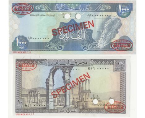 Lebanon, Banque du Liban,10 Livres, 1986, no.00000, 1000 Livres,1988, no.  0000000, both with  De la Rue seals and SPECIMEN s