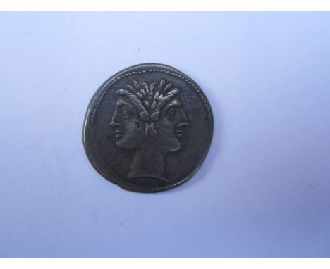 Roman Republic 225-212 BC,Ar Quadrigatus, O. Janiform laureate head, R.ROMA incuse on tablet below Jupiter and Victory in qua
