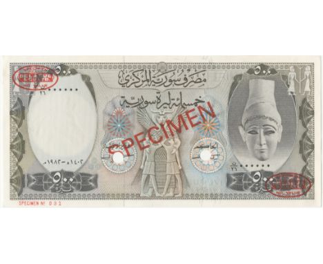Syria, Central Bank,500 Syrian Pounds, 1982, no. 000000, De la Rue seals and SPECIMEN stamped on each side (Pick 105cs). Abou