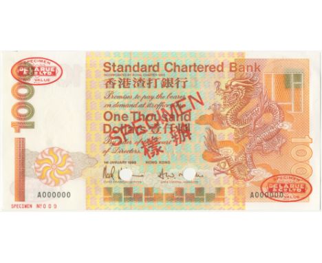 Hong Kong,Standard Chartered Bank, $1,000, 1 January 1993, A000000, De la Rue seals and SPECIMEN  stamped on each side, small