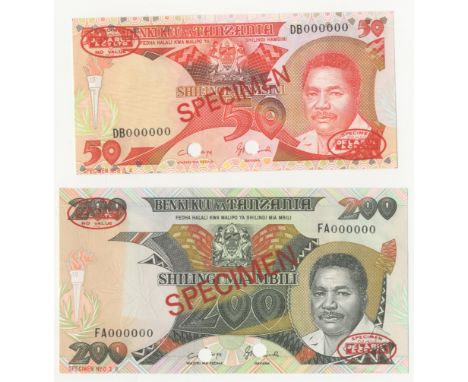 Tanzania, Benki Kuu ya Tanzania,1986-89, 50 Shillingi, DB000000, 200 Shillingi, FA000000, De la Rue seals and SPECIMEN stampe