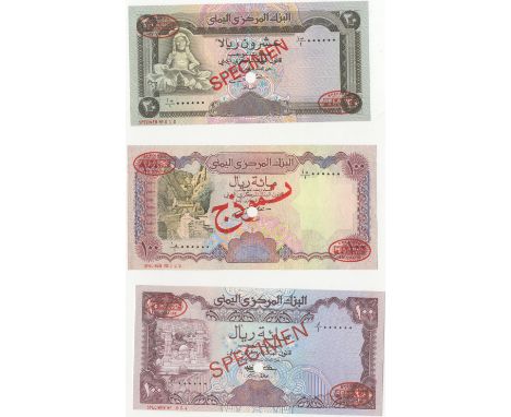 Yemen, Arab Republic, Central Bank,20 Rials, 100 Rials (2). 1979-93, all with De la Rue seals and SPECIMEN stamped each side 