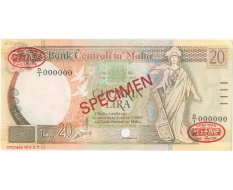 Malta, Central Bank,20 Liri, 1989-94, D/1 000000, De la Rue seals and SPECIMEN stamped on each side, punch-holes through Gald
