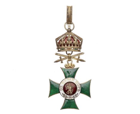 Bulgaria,Order of St.Alexander, Third Class neck badge with swords, in silver-gilt and enamel. With enamel damage to one limb