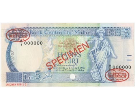 Malta, Central Bank,5 Liri, 1989-94, B/8 000000, De la Rue seals and SPECIMEN stamped on each side, punch-holes through Galde