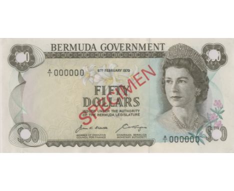 Bermuda, Government,$50, 6 February 1970, A/1 000000, stamped SPECIMEN on each side, Sharpe-Kemp signatures, punch-holes in c