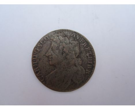 Charles II, 1649-85,Coinage of 1677, Bawbee, bust left, AN FR ET HIB R, R.Crowned thistle (S.5628).  Good fine, reverse bette