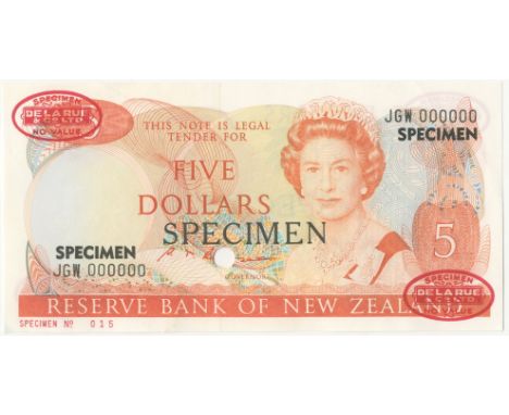 New Zealand, Reserve Bank,$5, 1985-89,  JGW 000000, De la Rue seals and SPECIMEN stamped on each side, punch-hole through sig