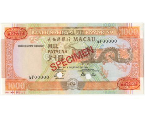 Macau, Banco Nacional Ultramarino,1000 Patacas, 8 July 1991, AF 00000, De la Rue seals and SPECIMEN stamped on each side, pun