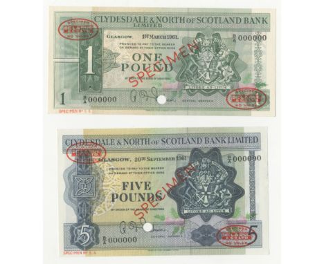 Clydesdale &amp; North of Scotland Bank,£1, 1 March 1961, £5, 20 September 1961, both serial numbers B/A 000000, De la Rue se