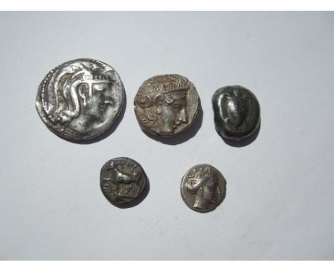 Greece 5th - 2nd century BC,Ar (5) including Athens tetradrachm, weighs 17.21g. O. head of Athena right, eye in true profile.