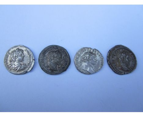 Roman 2nd-3rd Century A.D.,Ar denari (4) Includes Trajan, R. Pax standing left resting arm on column R.S.C 83; Caracalla, R. 