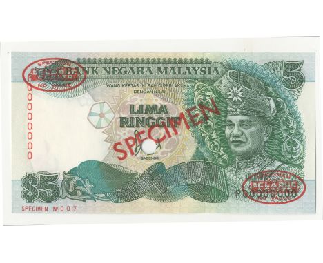 Malaysia, Bank Negara,5 Ringgit, 1991, PQ0000000, De la Rue seals and SPECIMEN stamped on each side, punch-hole through signa