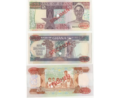 Ghana, Bank of Ghana,10 Cedis, 6 March 1982, BQ0000000, 200 Cedis, 14 October 1992, L/2 0000000, 500 Cedis, 14 October 1992, 