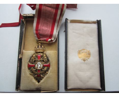 Austria,Order of Franz Joseph, Commander's neck badge in gilt metal and enamel, by V.Mayer's Sohne, Vienna. In damaged and in