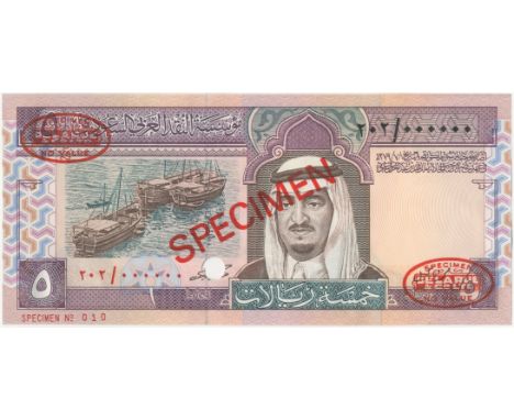 Saudi Arabia, Monetary Agency,5 Riyals, c.1983, 202/ 000000 (Pick 22s). About uncirculated. (1)This lot is subject to the fol