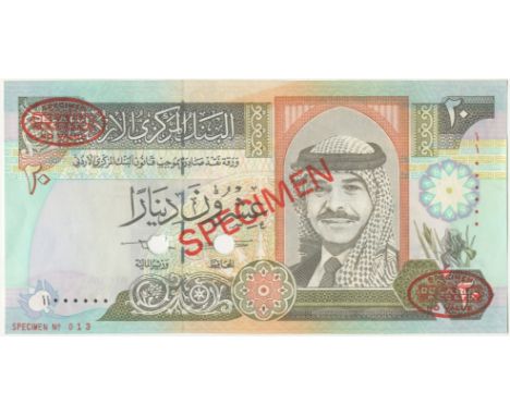 Jordan, Central Bank,20 Dinars, 1992, no. 000000, De la Rue seals and SPECIMEN on each side, punch-holes through signatures (