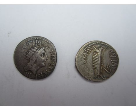 Mark Antony, died 30 BC,Ar Denarius, O. M.Antony as priest stg r holding lituus, R. Radiate head of Sol. RCV 1474; O. ANT AUG