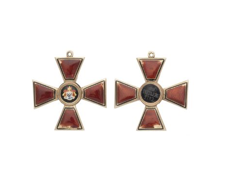 Russia,Order of St.Vladimir, third class neck badge in gold and enamel, 4.4cm x 4.4cm, maker's mark BA to reverse. Wire loop 