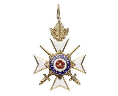Germany,Lippe Detmold, Princely House Order neck badge with swords, in silver-gilt and enamel. Good very fine. (1)This lot is