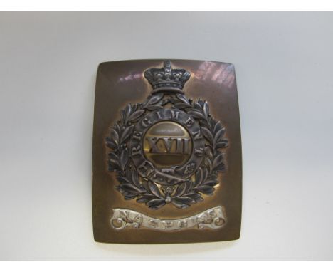 Indian Army, 17th Madras Native Infantry Officer's Shoulder Belt Plate c1826-1855,A rare example the rectangular copper gilt 